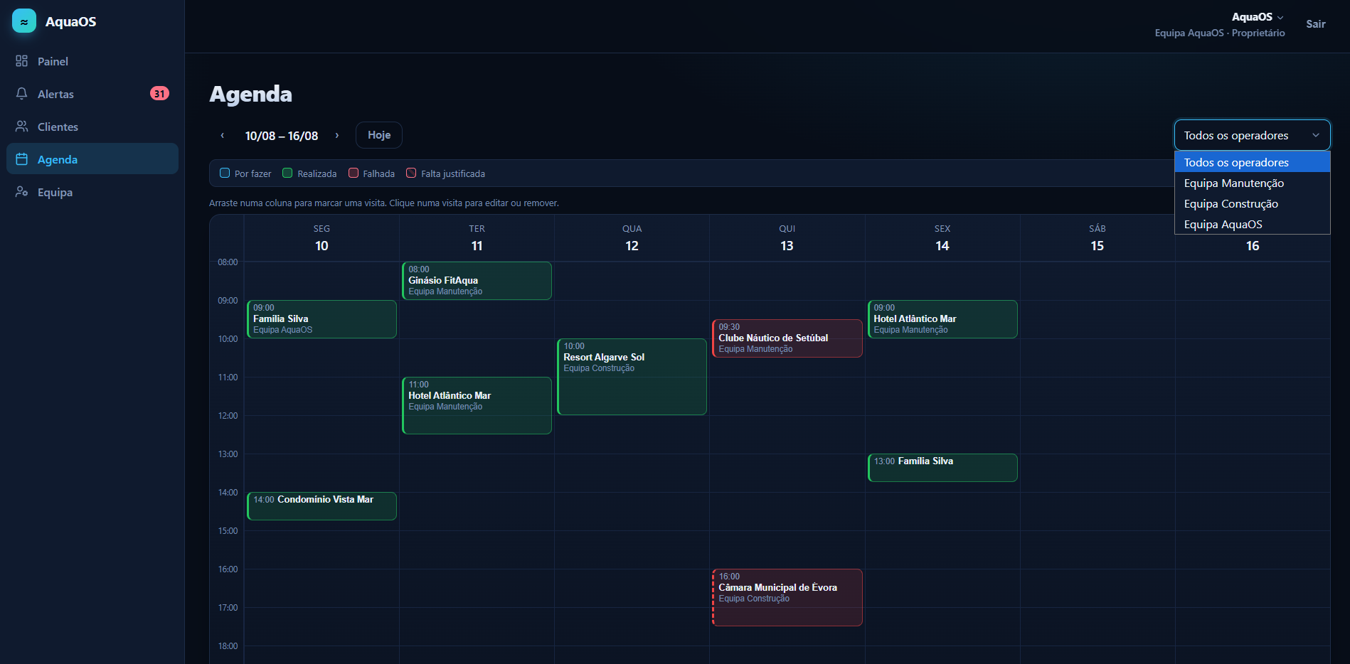 Vista semanal do calendário com filtro por operador aberto